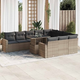 Set de sofás de jardín 11 pzas y cojines ratán sintético gris
