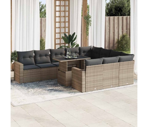 Set de sofás de jardín 11 pzas y cojines ratán sintético gris
