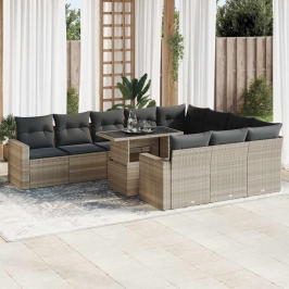 Set de sofás de jardín 11 pzas y cojines ratán sintético gris