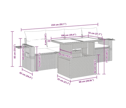 Set de muebles de jardín 5 pzas y cojines ratán sintético negro