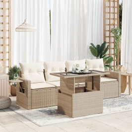 Juego de sofás jardín con cojines 5 pzas ratán sintético beige
