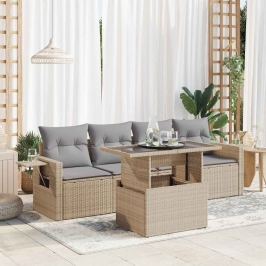 Juego de sofás jardín con cojines 5 pzas ratán sintético beige