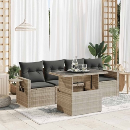 Set de sofás jardín y cojines 5 pzas ratán sintético gris claro