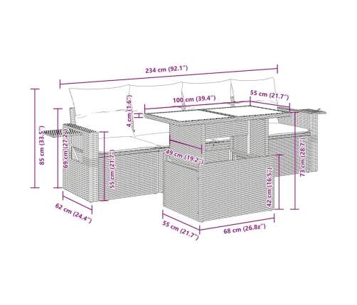 Set comedor de jardín 5 piezas y cojines ratán sintético marrón