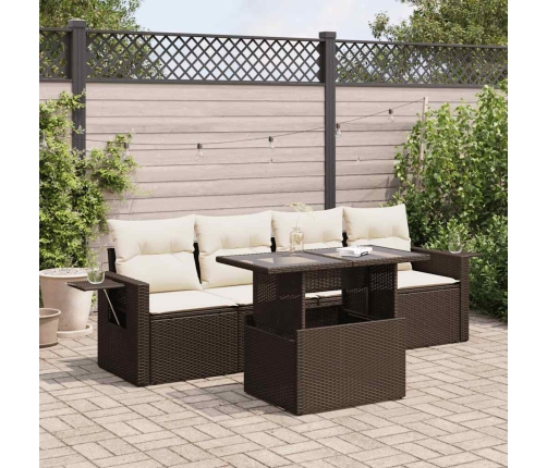 Set comedor de jardín 5 piezas y cojines ratán sintético marrón