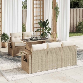 Juego de sofás jardín con cojines 6 pzas ratán sintético beige