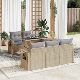 Juego de sofás jardín con cojines 6 pzas ratán sintético beige