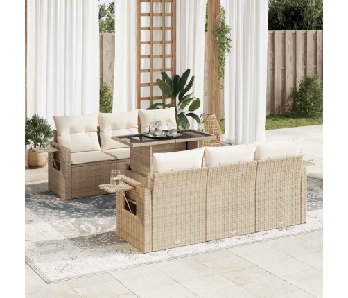 Set sofás de jardín 7 piezas y cojines ratán sintético beige