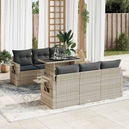 Set de sofás de jardín 7 pzas con cojines ratán PE gris claro