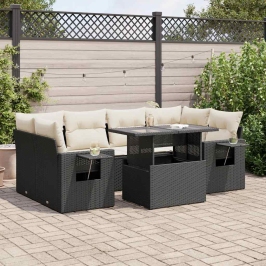Set de sofás de jardín 7 pzas con cojines ratán sintético negro