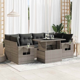 Set de sofás de jardín 7 pzas con cojines ratán sintético gris