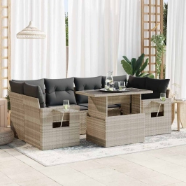 Set de sofás de jardín 7 pzas con cojines ratán PE gris claro