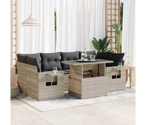 Set de sofás de jardín 7 pzas con cojines ratán PE gris claro