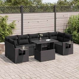 Set de sofás de jardín y cojines 8 piezas ratán sintético negro