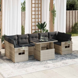 Set de sofás de jardín 8 pzas y cojines ratán sintético gris