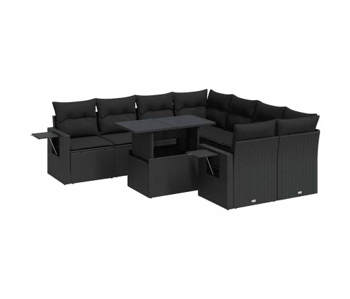 Set de sofás de jardín con cojines 9 pzas ratán sintético negro