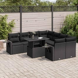Set de sofás de jardín con cojines 9 pzas ratán sintético negro
