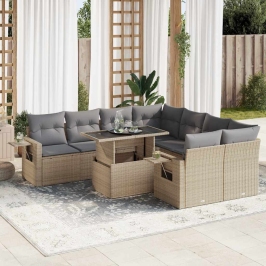Set de sofás de jardín con cojines 9 pzas ratán sintético beige