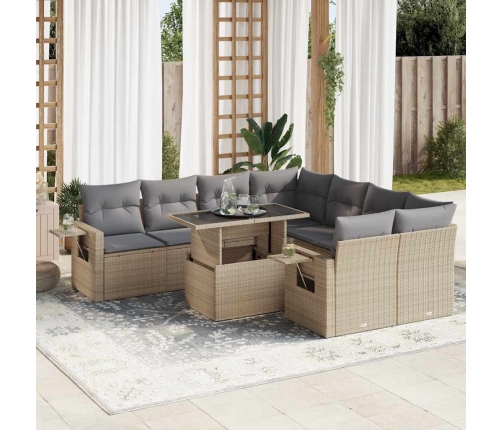 Set de sofás de jardín con cojines 9 pzas ratán sintético beige