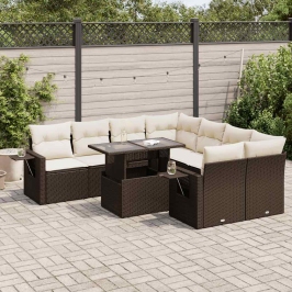 Set de sofás de jardín 9 pzas y cojines ratán sintético marrón