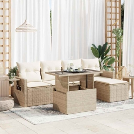 Juego de sofás jardín con cojines 6 pzas ratán sintético beige
