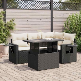 Set de muebles de jardín 5 pzas y cojines ratán sintético negro