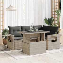 Set de sofás jardín y cojines 5 pzas ratán sintético gris claro