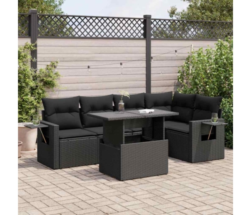 Set de sofás de jardín 6 piezas y cojines ratán sintético negro