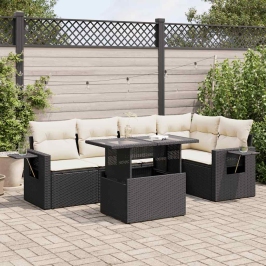 Set de sofás de jardín 6 piezas y cojines ratán sintético negro