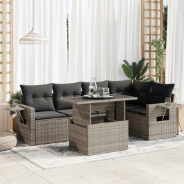 Set de muebles de jardín 6 pzas y cojines ratán sintético gris