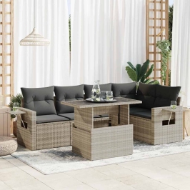 Set de sofás de jardín 6 pzas y cojines ratán sintético gris