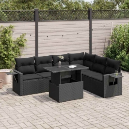 Set de sofás de jardín 7 pzas con cojines ratán sintético negro