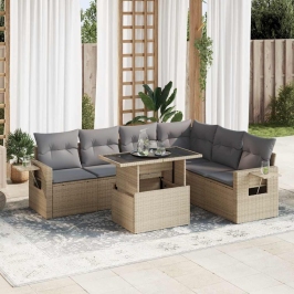 Set sofás de jardín 7 piezas y cojines ratán sintético beige