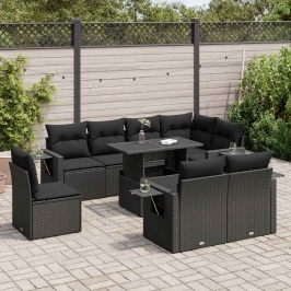 Set de sofás de jardín con cojines 9 pzas ratán sintético negro