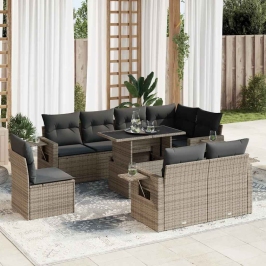 Set de sofás de jardín con cojines 9 pzas ratán sintético gris