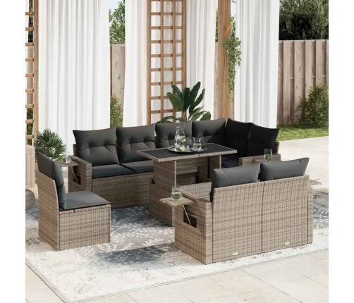 Set de sofás de jardín con cojines 9 pzas ratán sintético gris