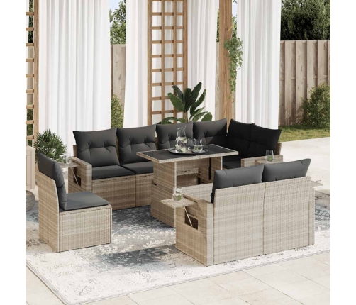 Set muebles jardín 9 pzas y cojines ratán sintético gris claro