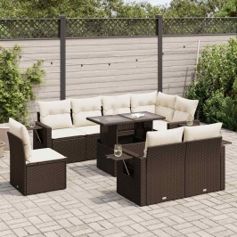 Set de sofás de jardín 9 pzas y cojines ratán sintético marrón