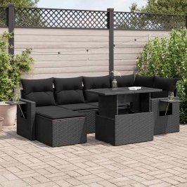 Set de sofás de jardín 7 pzas con cojines ratán sintético negro