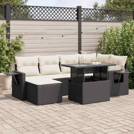 Set de sofás de jardín 7 pzas con cojines ratán sintético negro
