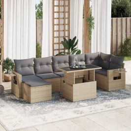 Set de sofás de jardín y cojines 8 piezas ratán sintético beige