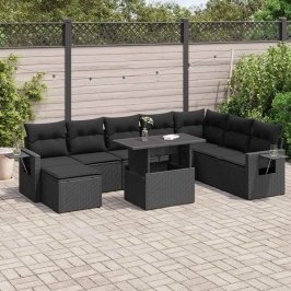 Set de sofás de jardín con cojines 9 pzas ratán sintético negro