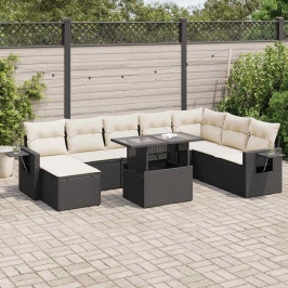 Set de sofás de jardín con cojines 9 pzas ratán sintético negro