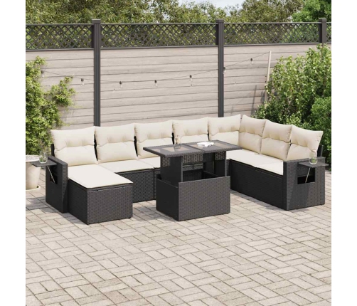 Set de sofás de jardín con cojines 9 pzas ratán sintético negro