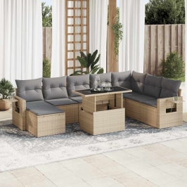 Set de sofás de jardín con cojines 9 pzas ratán sintético beige