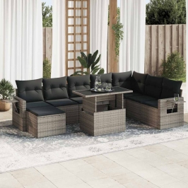Set de sofás de jardín con cojines 9 pzas ratán sintético gris