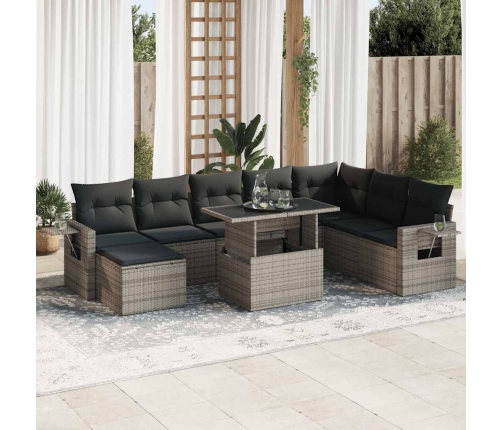 Set de sofás de jardín con cojines 9 pzas ratán sintético gris