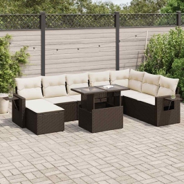 Set de sofás de jardín 9 pzas y cojines ratán sintético marrón