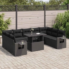 Set de sofás de jardín y cojines 10 pzas ratán sintético negro
