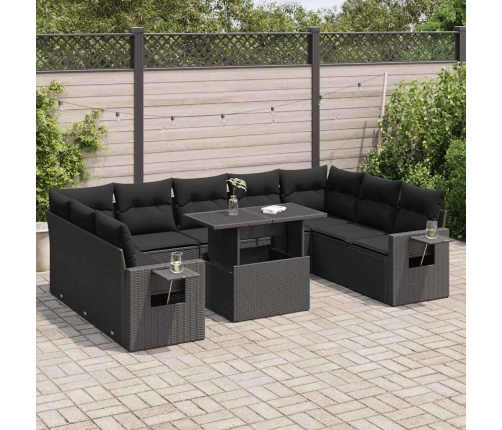 Set de sofás de jardín y cojines 10 pzas ratán sintético negro